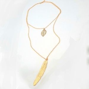 Shimmering Golden Chain Feather & Leaf Pendants Charms Statement Neck 27"